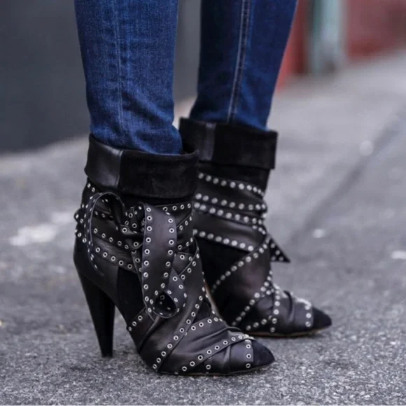 HP‼️❣️ISABEL MARANT black eyelet tie around leather suede Alease ankle boots - Picture 3 of 10